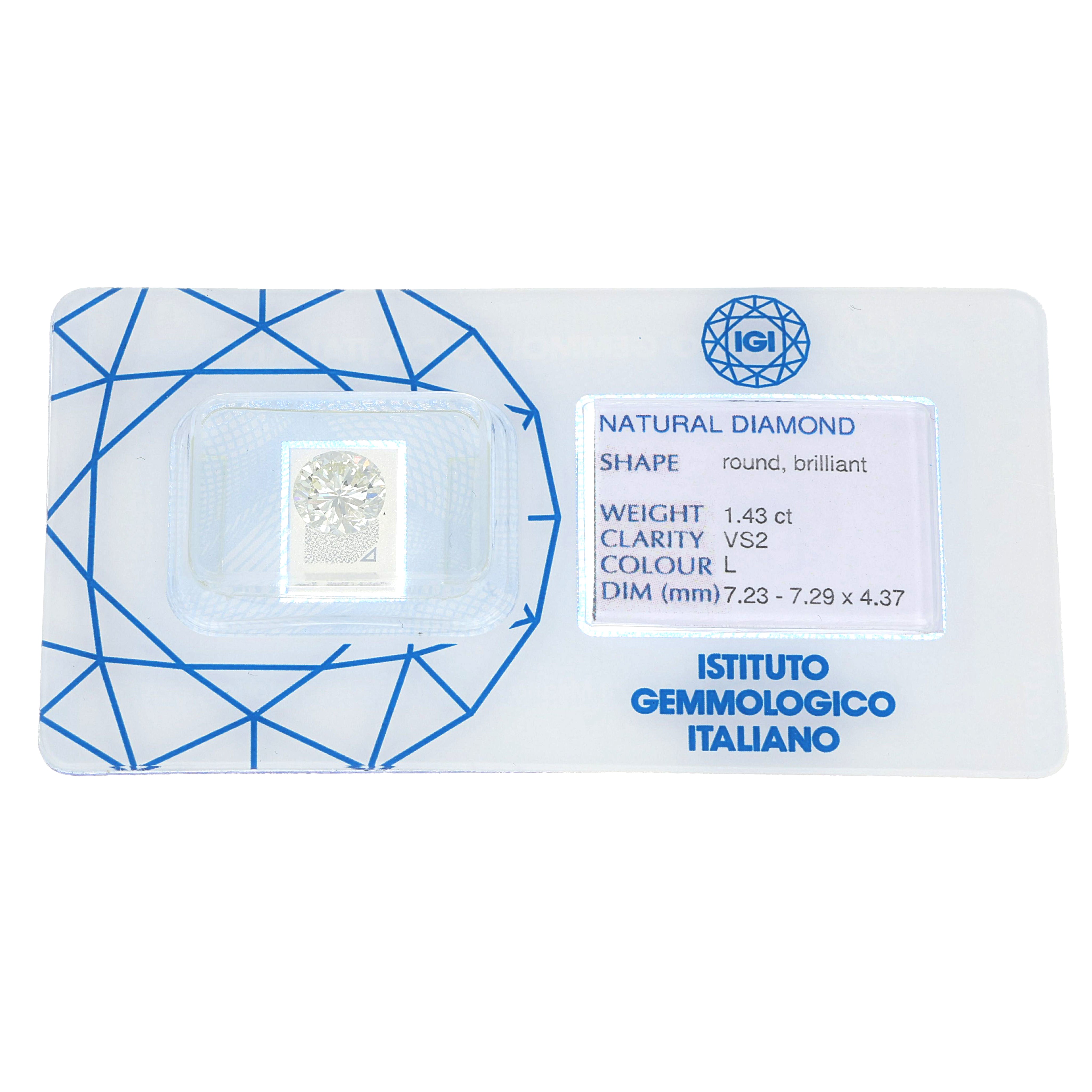 1 pcs Diamante (Naturale) - 1.43 ct - Rotondo - L - VS2 - Istituto Gemmologico Italiano (IGI)