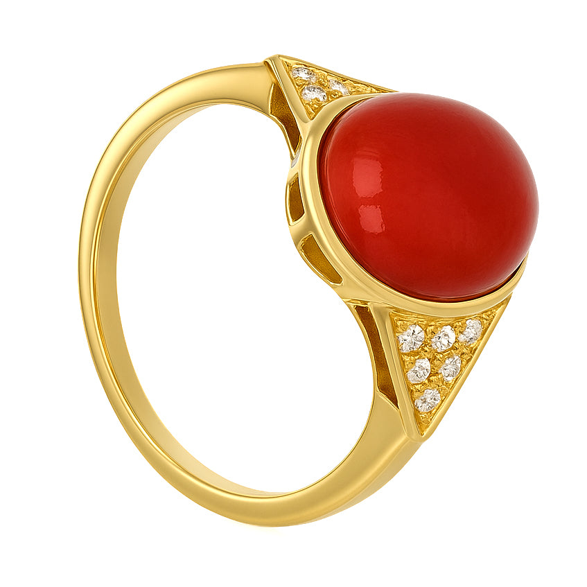 Anello - 18 carati Oro giallo Corallo - Diamante