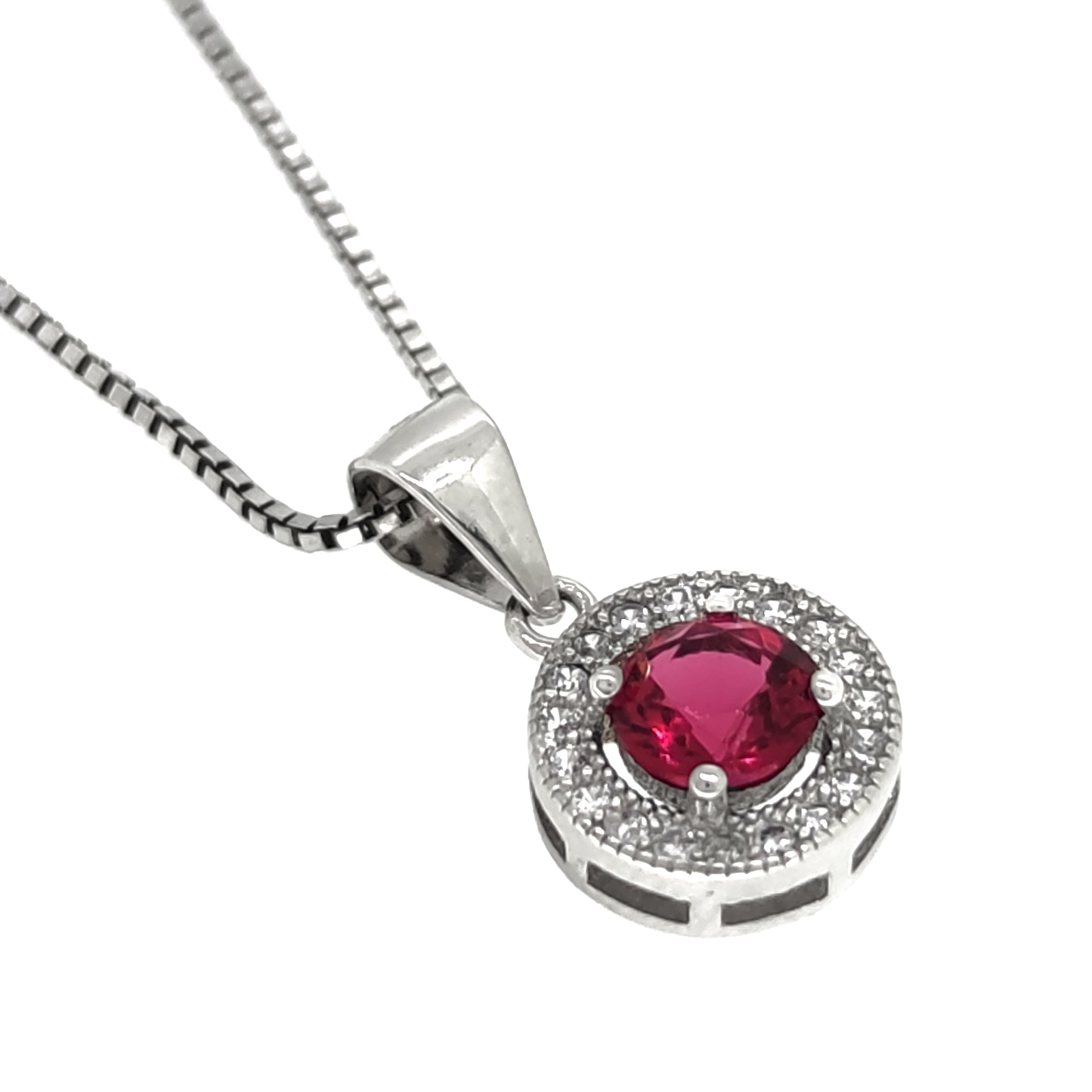 925 Argento - collana con pendente con pietra sintetica rossa e zirconi