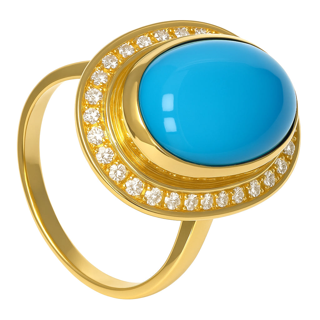 Anello - 18 carati Oro giallo - 10.12ct. tw. Turchese - Diamante - Made in Italy - Handmade