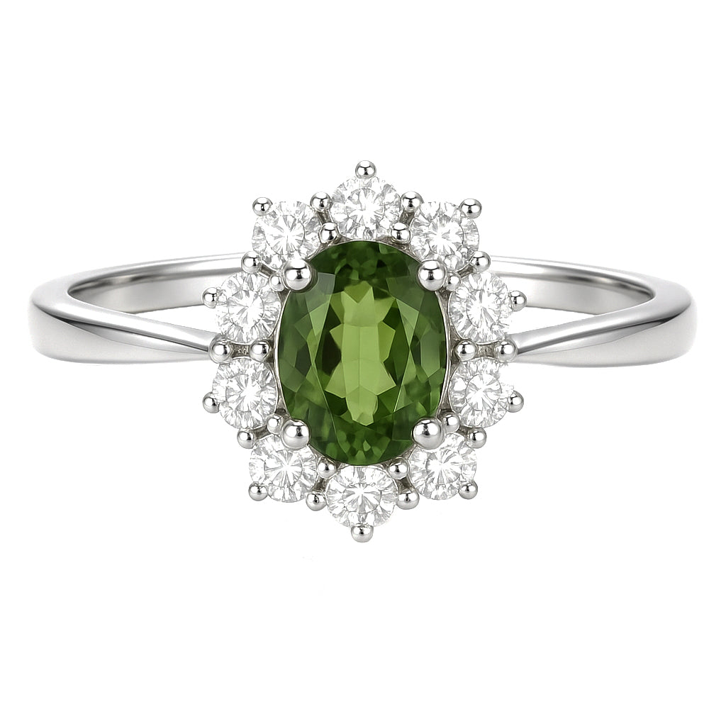 Anello - 18 carati Oro bianco - 1.09ct. tw. Peridoto - Diamante