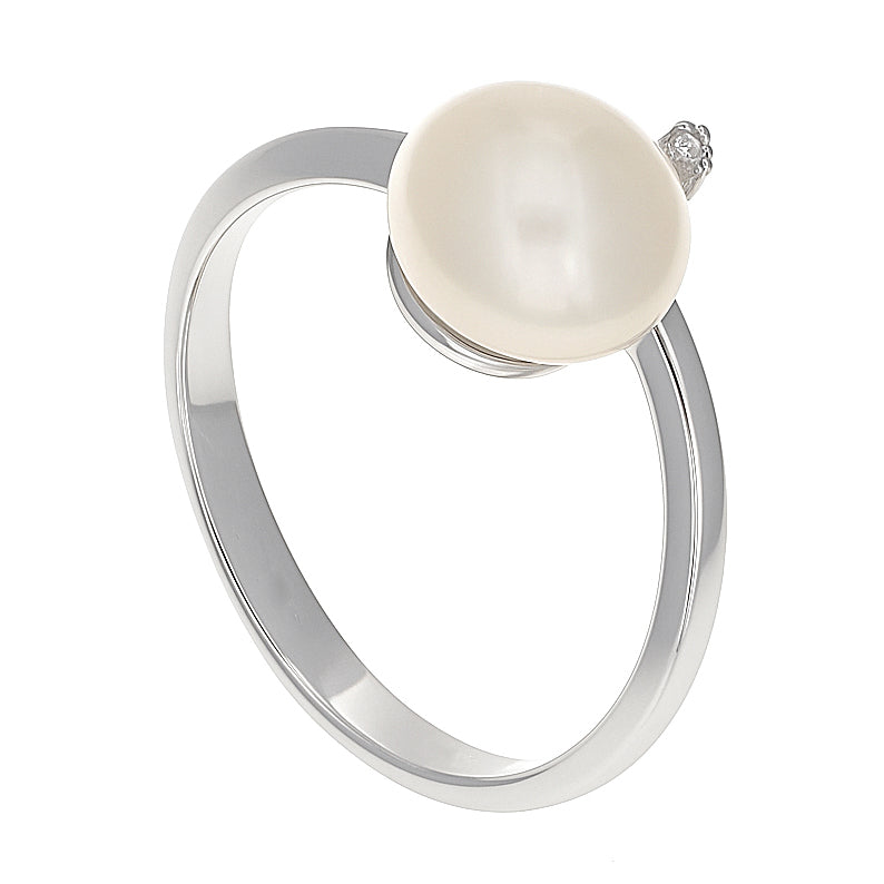Anello - 18 carati Oro bianco - 0.01ct. tw. Diamante (Naturale) - Perla