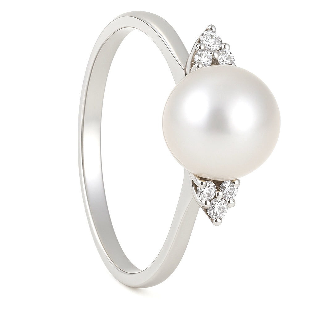 Anello - 18 carati Oro bianco - 0.09ct. tw. Diamante (Naturale) - Perla