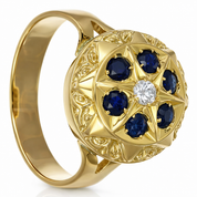 Anello in Oro Giallo , &nbsp;18 carati con n 1 Diamanti da 0.03 ct &nbsp;zaffiro 6 da 0.03 Ct tot 0.18