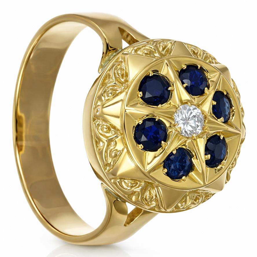 Anello in Oro Giallo , &nbsp;18 carati con n 1 Diamanti da 0.03 ct &nbsp;zaffiro 6 da 0.03 Ct tot 0.18