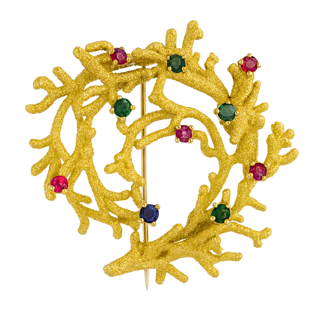 Spilla - 18 carati Oro giallo, Rubini- Smeraldi - Zaffiro - 0.90ct. tw.