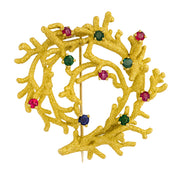 Spilla - 18 carati Oro giallo, Rubini- Smeraldi - Zaffiro - 0.90ct. tw.