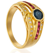 Anello in Oro Giallo 18 carati con n 1 Zaffiro da 0.35 Ct , n 8 Rubini da 0.12 Ct tot e n 16 Diamanti da 0.16 Ct tot