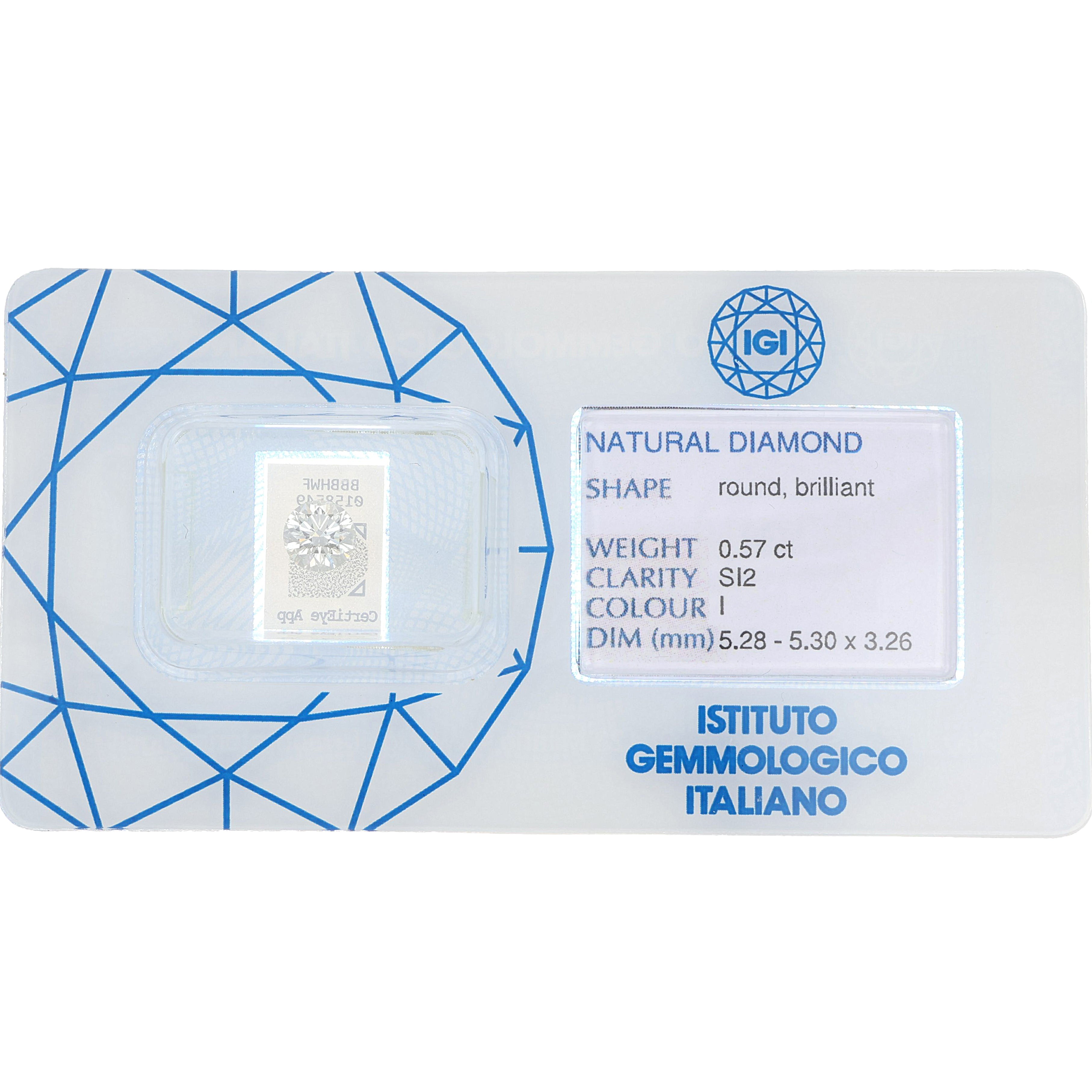 1 pcs Diamante (Naturale) - 0.57 ct - Rotondo - I - SI2 - Istituto Gemmologico Italiano (IGI)