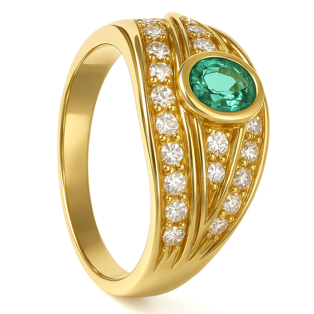 Anello - 18 carati Oro giallo - 0.89ct. tw. Smeraldo - Diamante