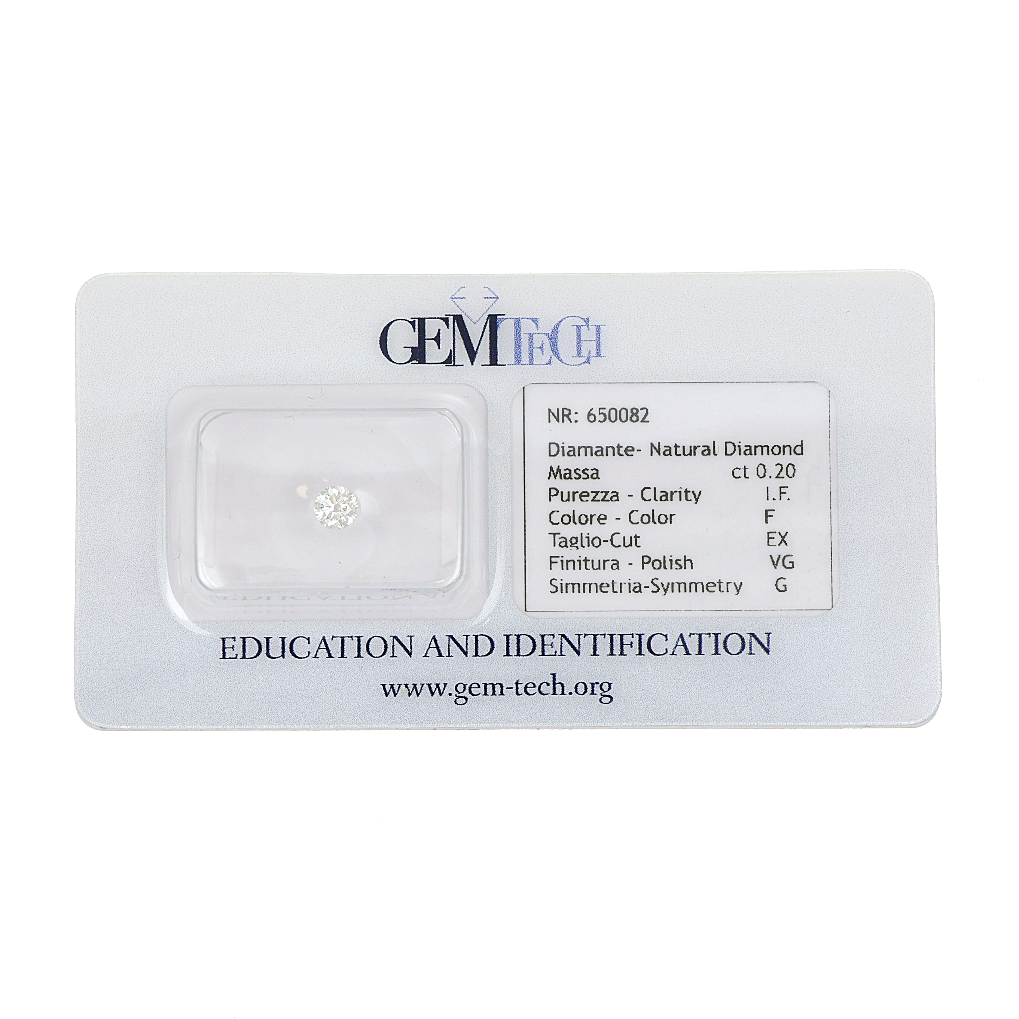 1 pcs Diamante (Naturale) - 0.20 ct - Rotondo - F - IF - GEM-TECH Istituto Gemmologico