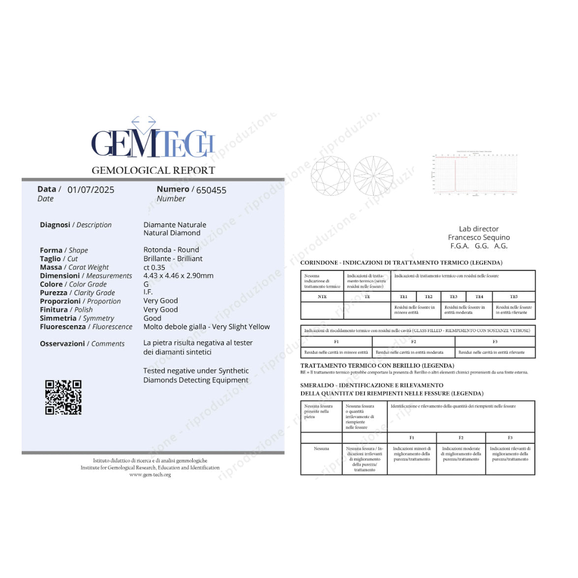1 pcs Diamante (Naturale) - 0.35 ct - Rotondo - G - IF - GEM-TECH Istituto Gemmologico