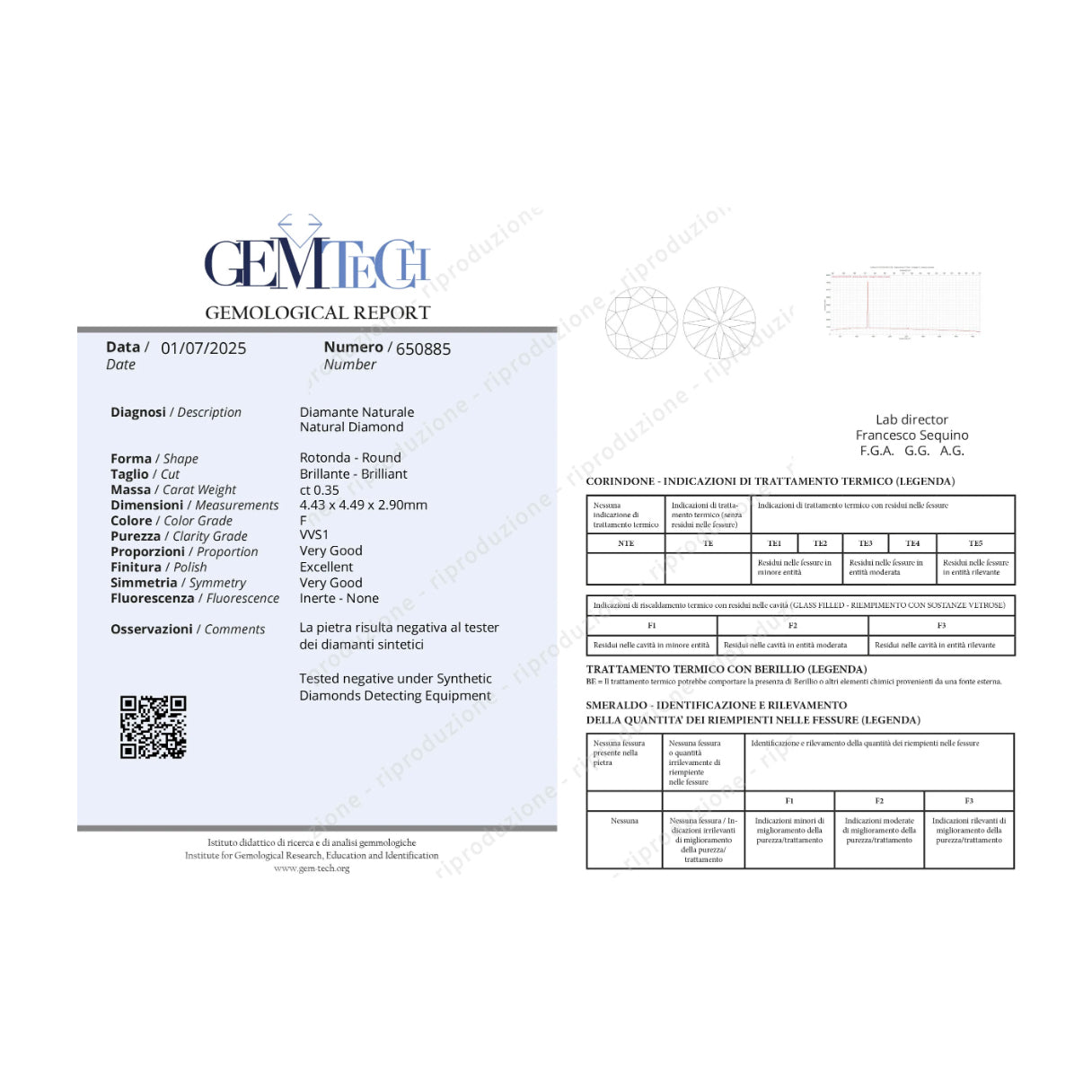 1 pcs Diamante (Naturale) - 0.35 ct - Rotondo - F - VVS1 - GEM-TECH Istituto Gemmologico