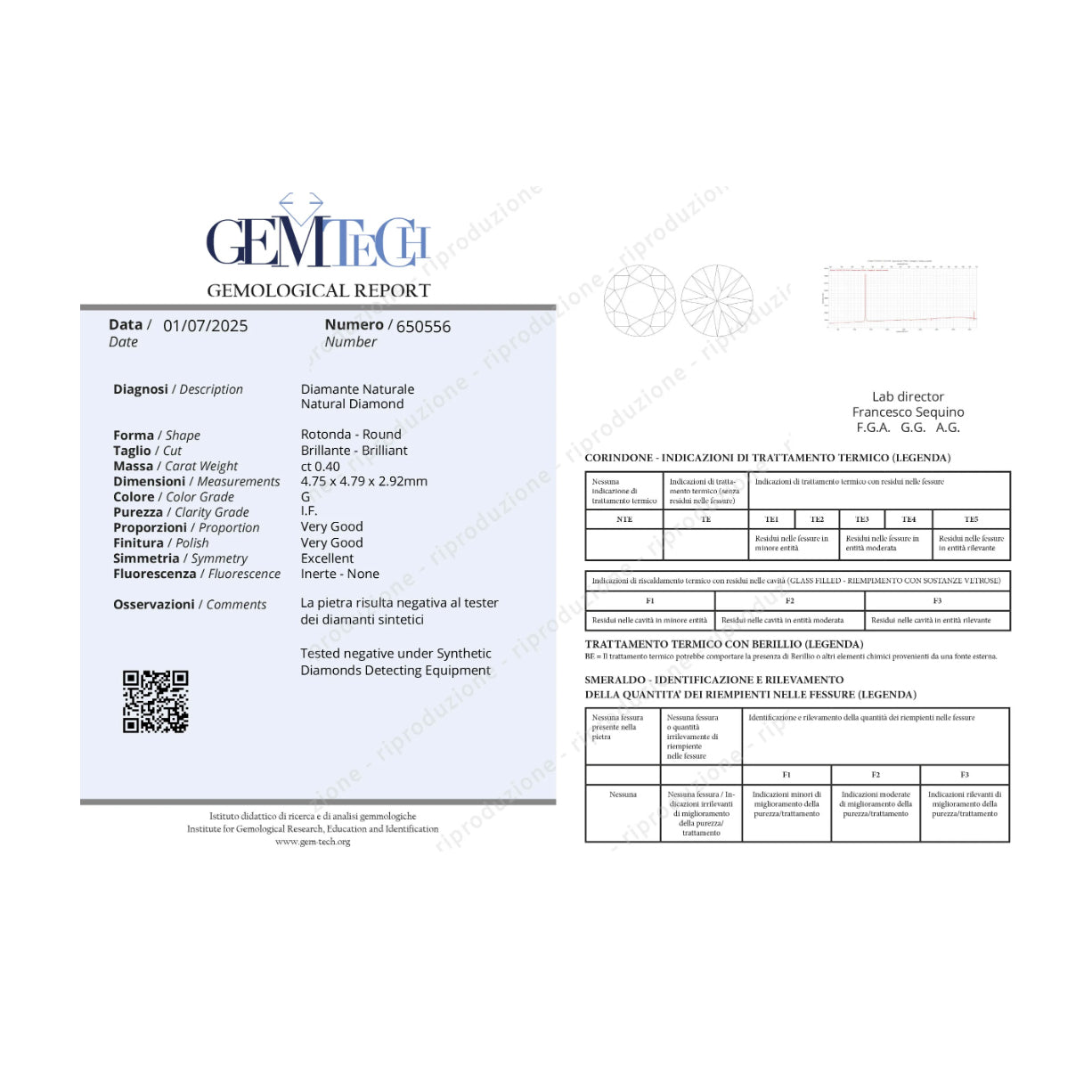 1 pcs Diamante (Naturale) - 0.40 ct - Rotondo - G - IF - GEM-TECH Istituto Gemmologico