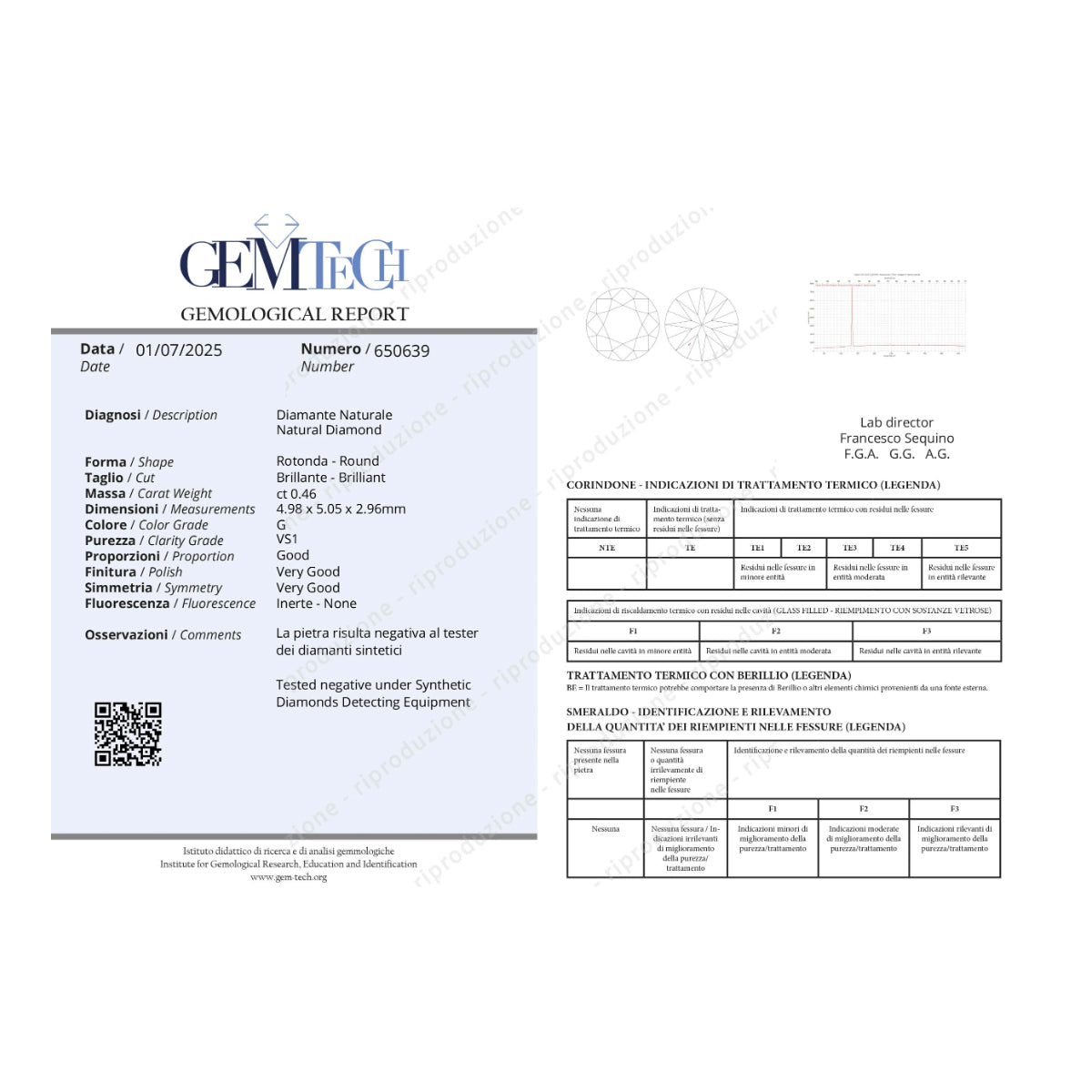 1 pcs Diamante (Naturale) - 0.46 ct - Rotondo - G - VS1 - GEM-TECH Istituto Gemmologico