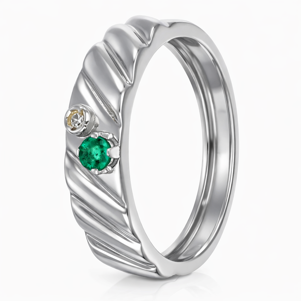Anello - 18 carati Oro bianco - 0.10ct. tw. Smeraldo - Diamante - Made in Italy - Handmade
