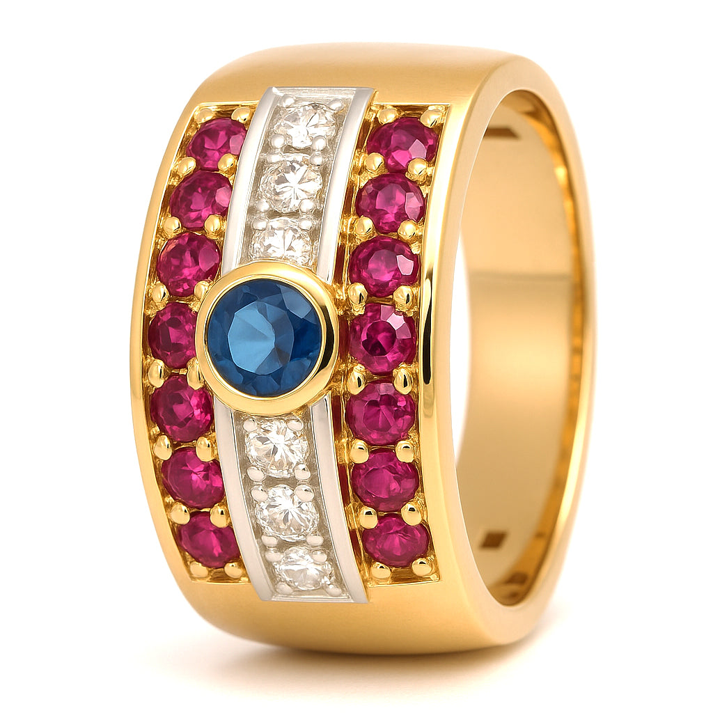 Anello - 18 carati Oro giallo, Rubino - Zaffiro- Diamante - 0.93ct. tw.