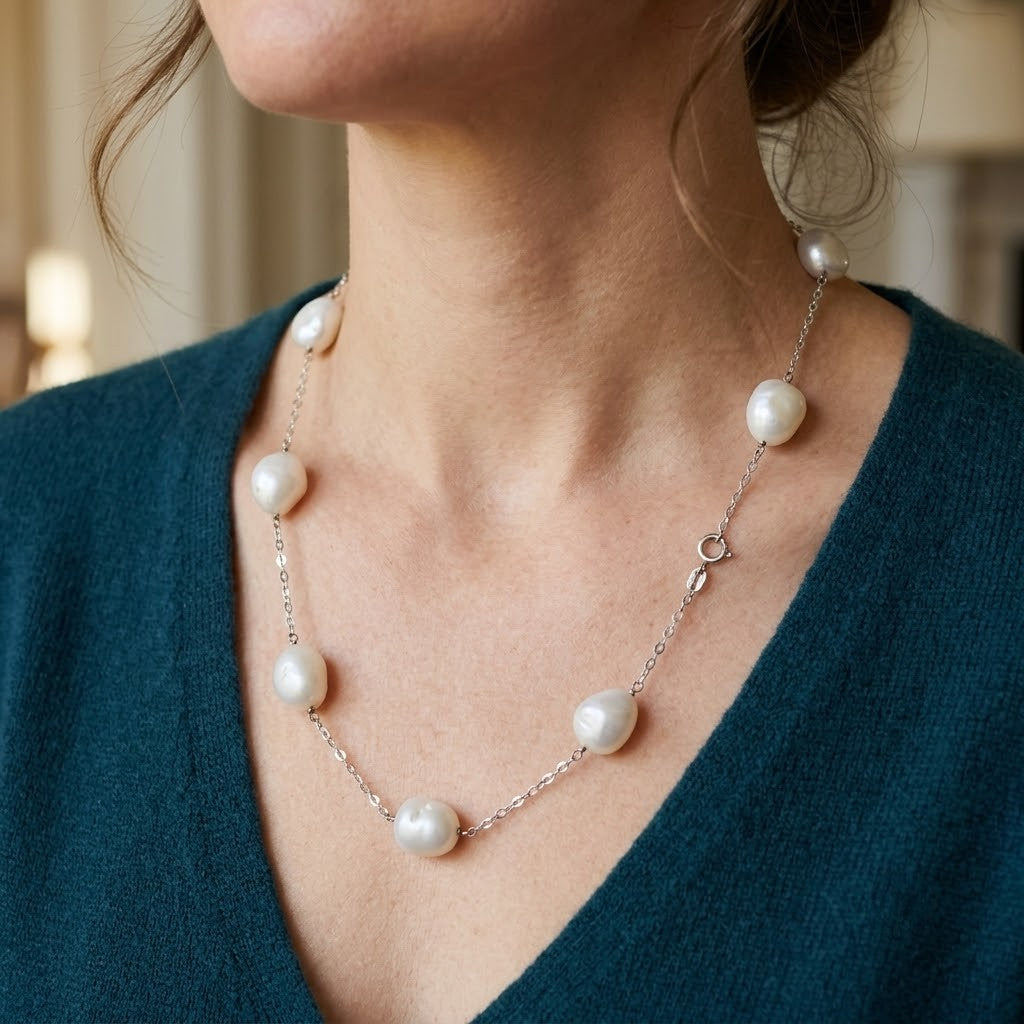 Collana - 18 carati Oro bianco Perla - Made in Italy - Handmade