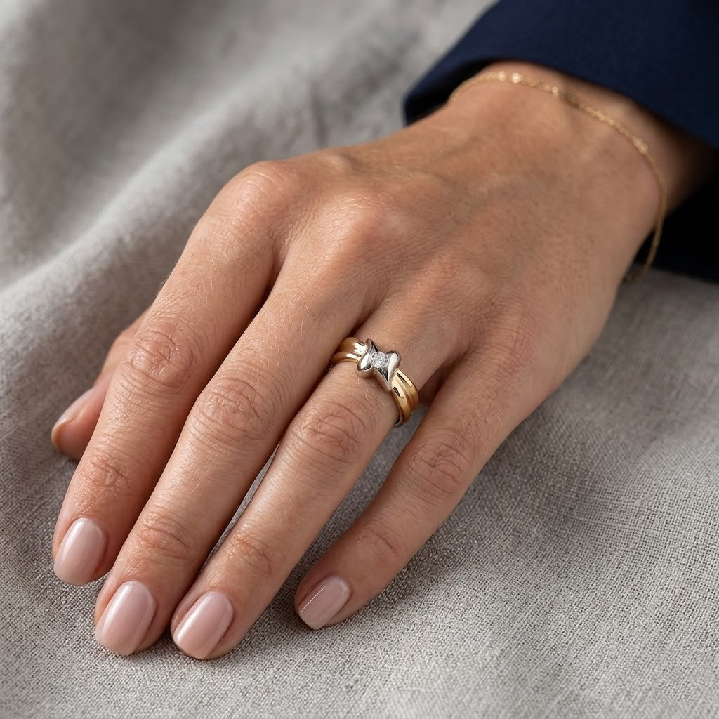 Anello - 18 carati Oro bianco, Oro giallo - 0.07ct. tw. Diamante (Naturale) - Made in Italy - Handmade
