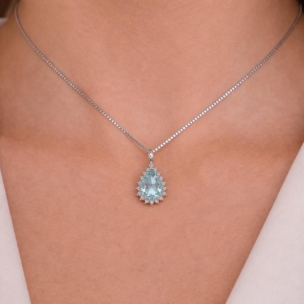Collana con ciondolo - 18 carati Oro bianco - 1.24ct. tw. Acquamarina - Diamante
