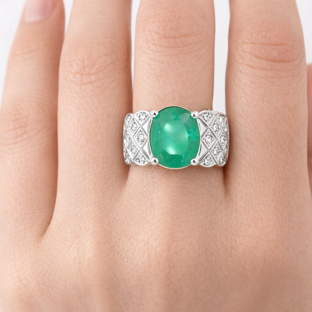 Anello - 18 carati Oro bianco - 3.00ct. tw. Smeraldo - Diamante