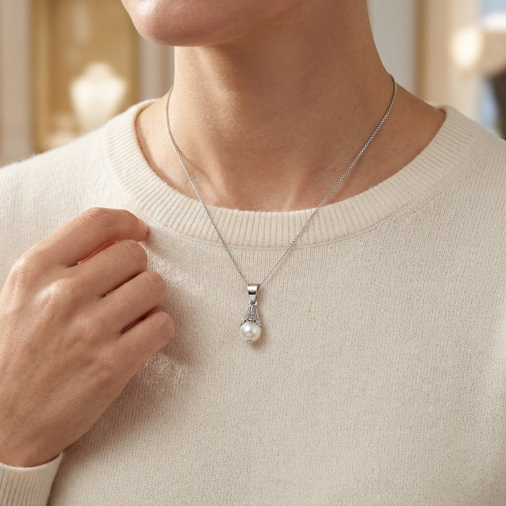 Collana - 18 carati Oro bianco Perla - Made in Italy - Handmade