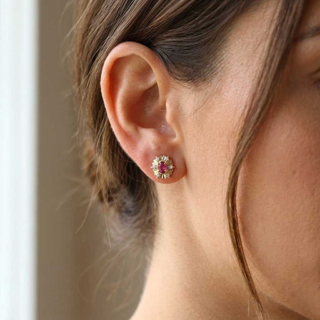 Orecchini - 18 carati Oro giallo - 0.42ct. tw. Rubino - Diamante