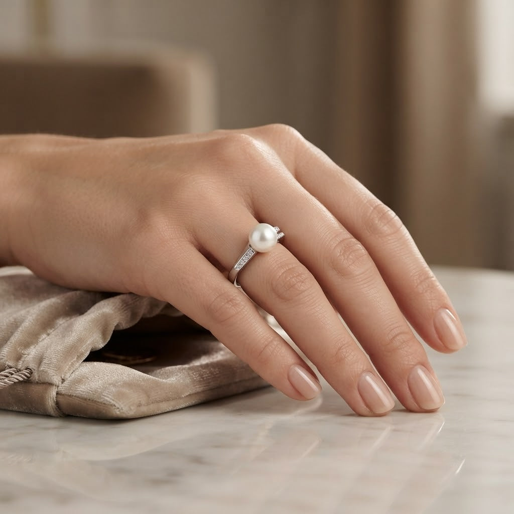 Anello - 18 carati Oro bianco - 0.09ct. tw. Diamante (Naturale) - Perla - Made in Italy - Handmade