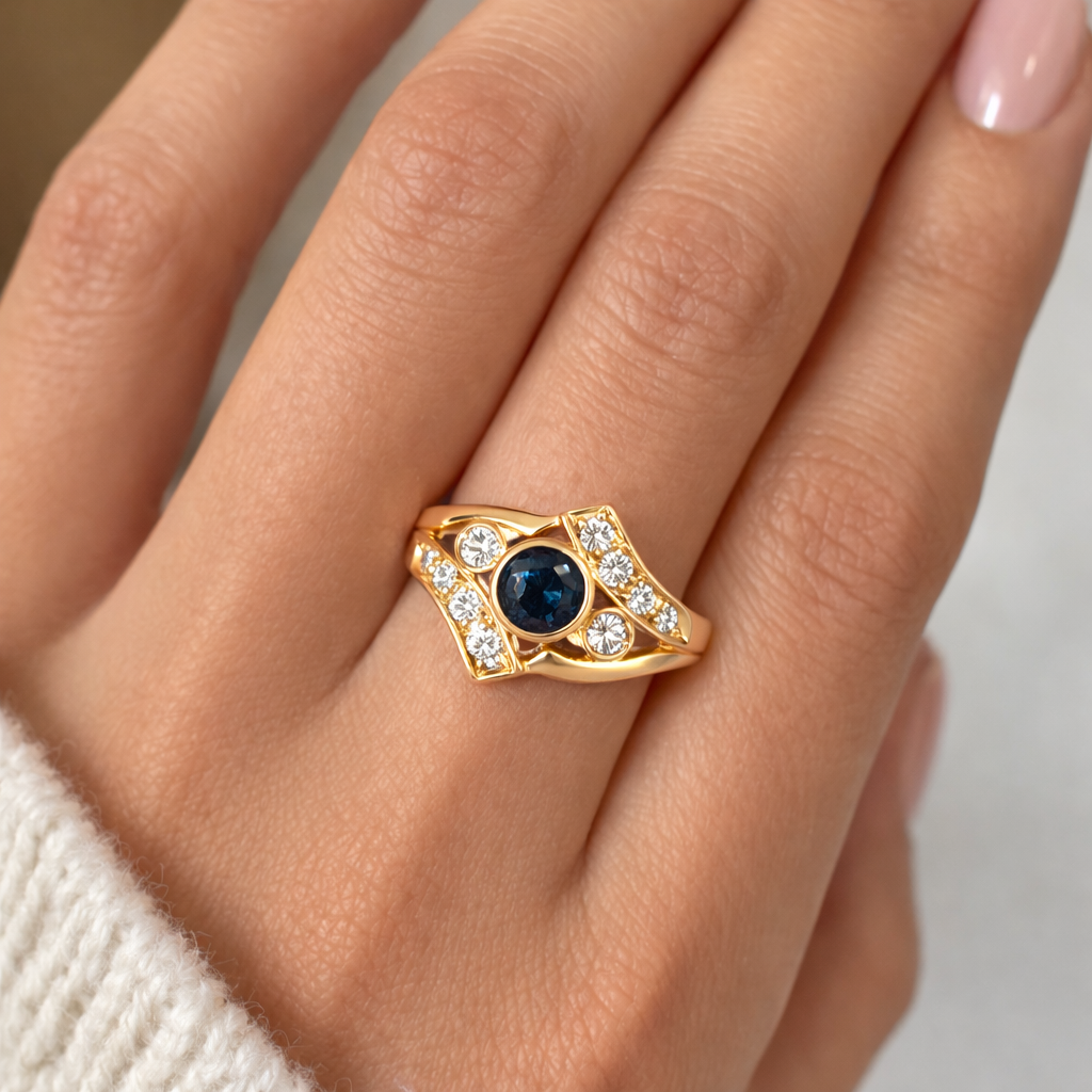 Anello - 18 carati Oro giallo - 0.64ct. tw. Zaffiro - Diamante