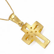 Collana unisex in oro giallo 18 carati con catena sottile e ciondolo a croce dal design traforato