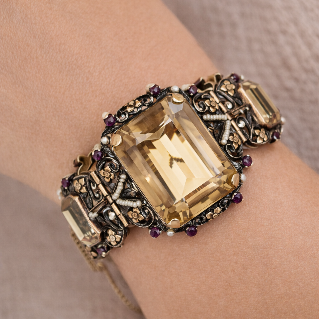 Bracciale - 18 carati Oro giallo, Argento, Quarzo fumè - microperle-rubini - 240.00ct. tw.