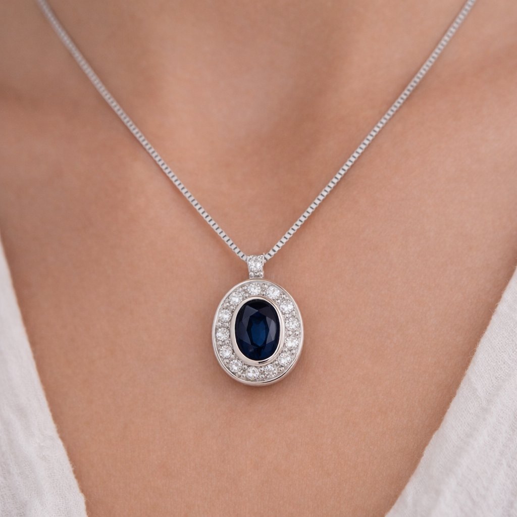 Collana con ciondolo - 18 carati Oro bianco -  0.45ct. tw. Zaffiro - Diamante Collana con ciondolo - 18 carati Oro bianco - 0.45ct. tw. Zaffiro - Diamante