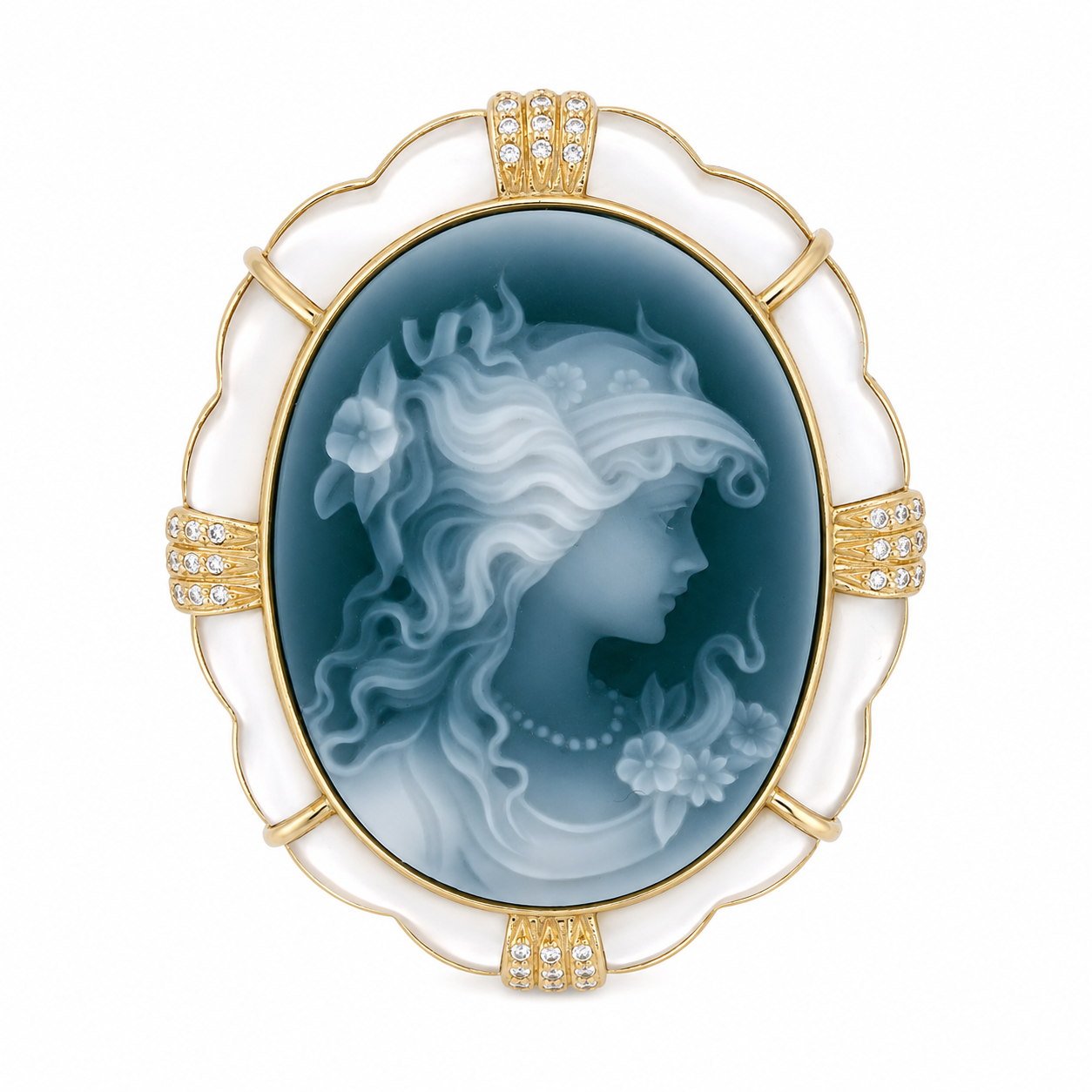 Spilla - 18 carati Oro giallo, Madreperla con Cameo lavorato con agata verde - 0.36ct. tw. Diamante (Naturale) - Made in Italy - Handmade
