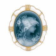 Spilla - 18 carati Oro giallo, Madreperla con Cameo lavorato con agata verde - 0.36ct. tw. Diamante (Naturale) - Made in Italy - Handmade