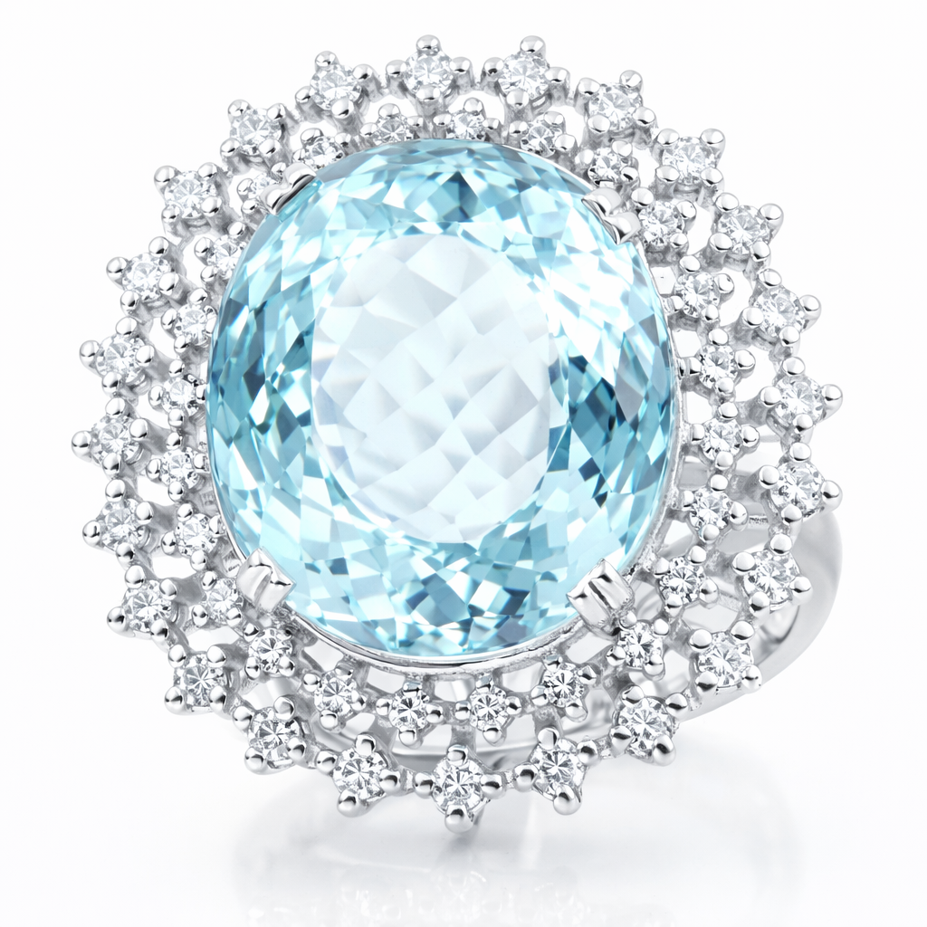 Anello - 18 carati Oro bianco - 16.22ct. tw. Acquamarina - Diamante