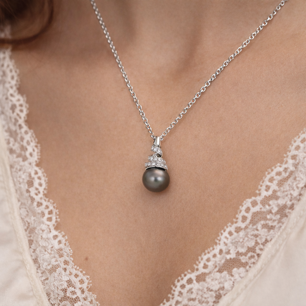 Collana - 18 carati Oro bianco - 0.06ct. tw. Diamante (Naturale) - Perla - Perla Tahiti 7.20 mm