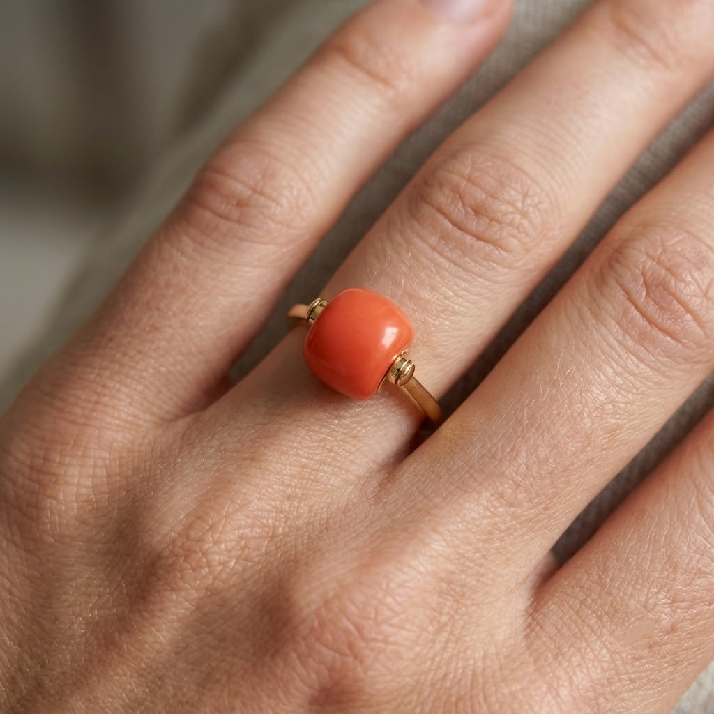 Anello - 18 carati Oro giallo Corallo - Made in Italy - Handmade