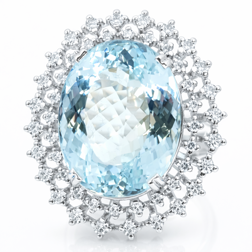 Anello - 18 carati Oro bianco - 16.22ct. tw. Acquamarina - Diamante