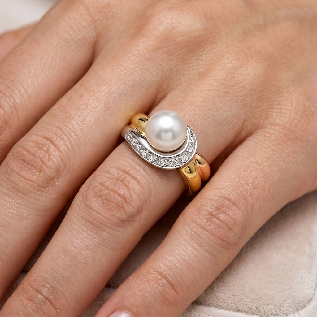 Anello - 18 carati Oro bianco, Oro rosa, Oro giallo - 0.10ct. tw. Diamante (Naturale) - Perla