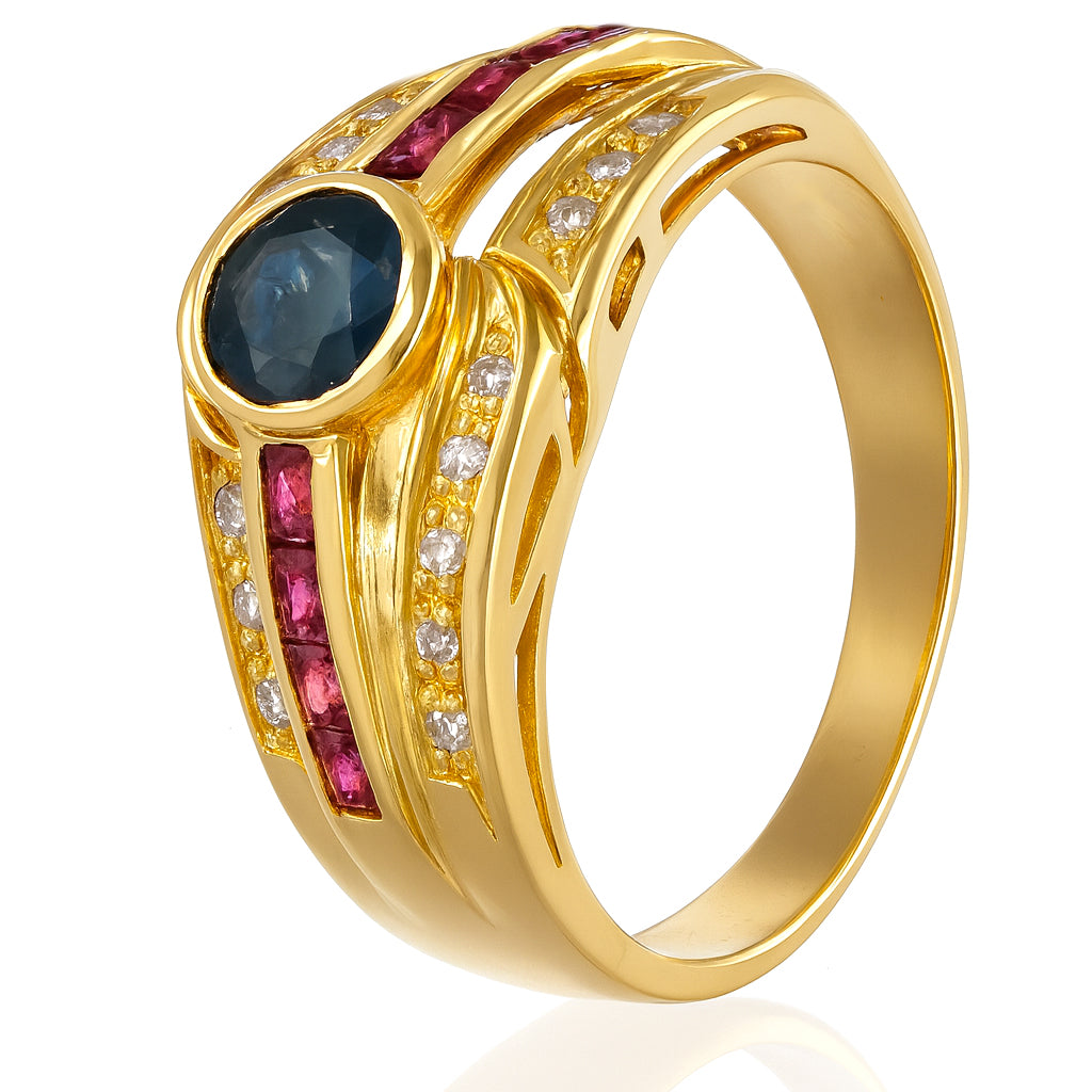 Anello - 18 carati Oro giallo, Zaffiro - Rubini - Diamanti - - 0.63ct. tw.