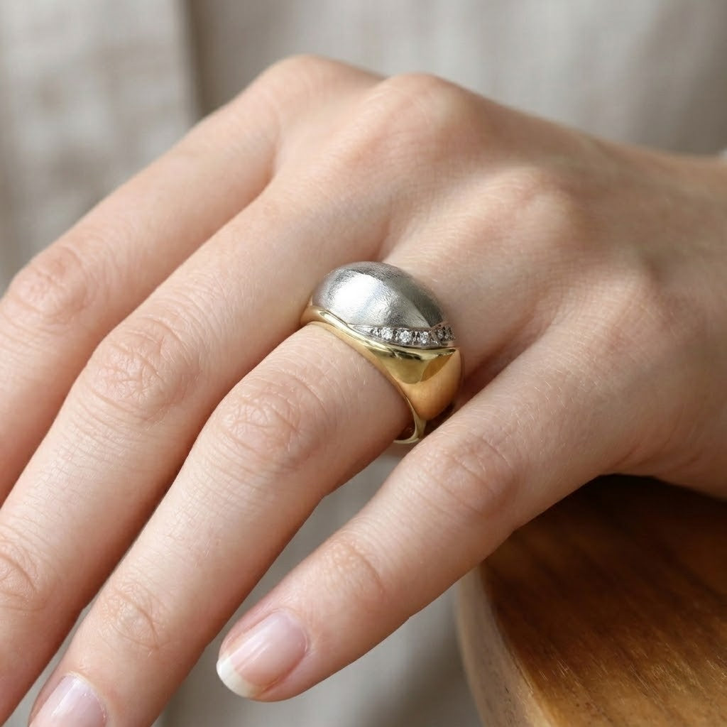 Anello - 18 carati Oro bianco, Oro giallo - 0.06ct. tw. Diamante (Naturale) - Made in Italy - Handmade