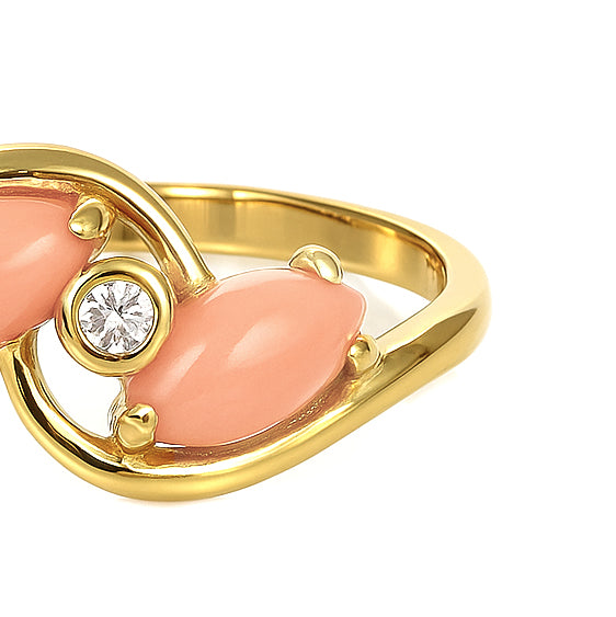 Anello - 18 carati Oro giallo - 0.03ct. tw. Diamante (Naturale) - Corallo