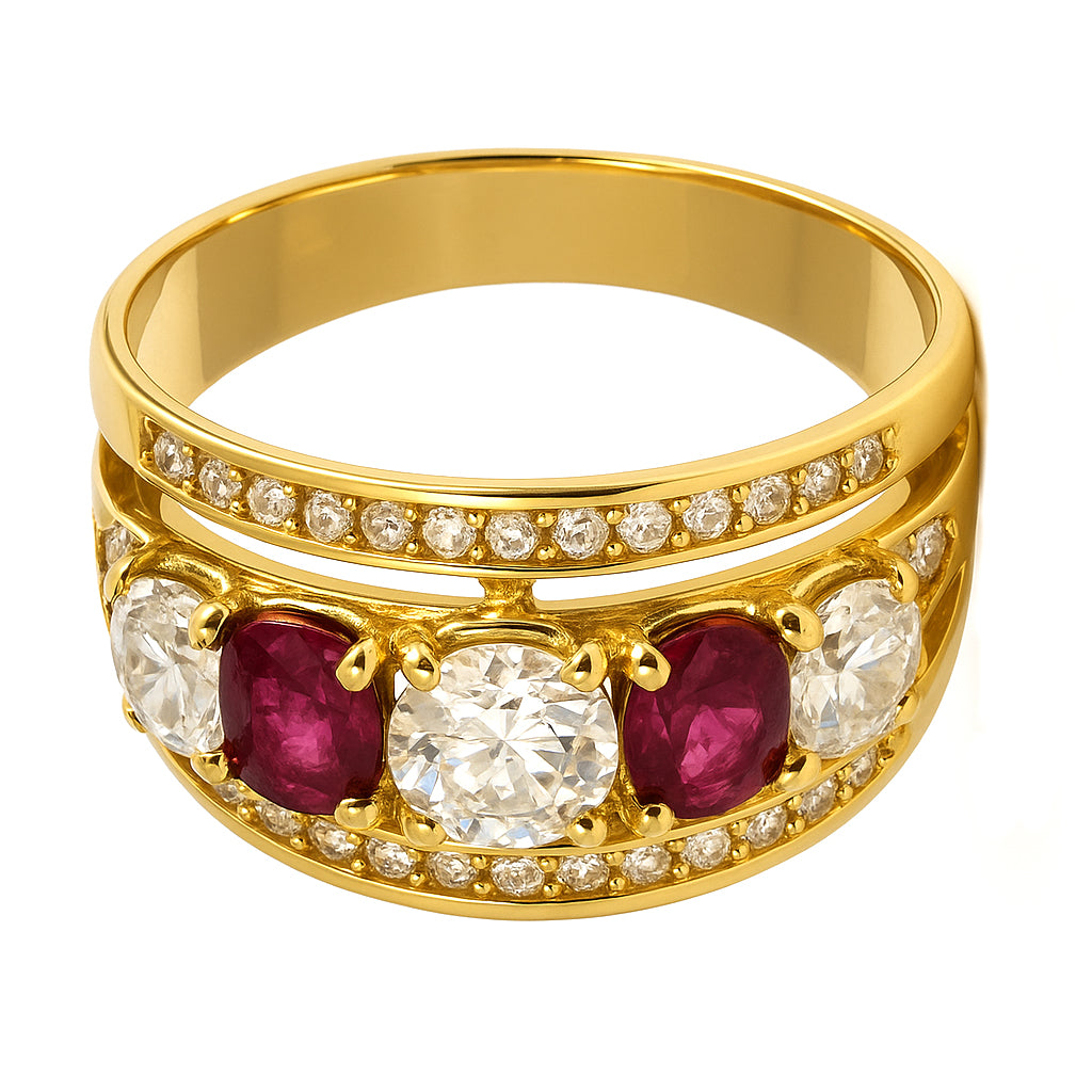 Anello in oro giallo 18 carati con n 2 Rubini da 0.40 Ct tot e zirconi