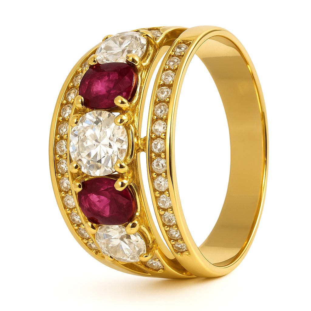 Anello in oro giallo 18 carati con n 2 Rubini da 0.40 Ct tot e zirconi