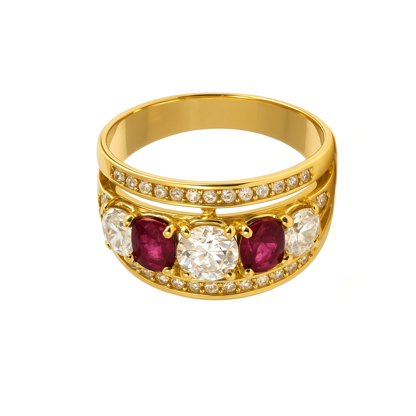 Anello in oro giallo 18 carati con n 2 Rubini da 0.40 Ct tot e zirconi