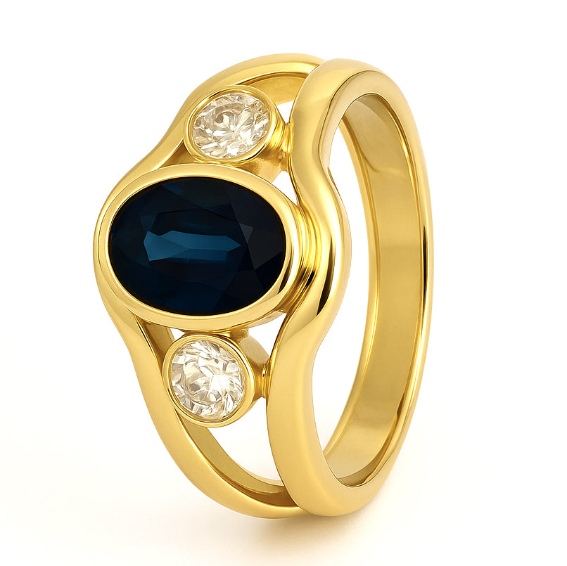 Anello - 18 carati Oro giallo - 0.19ct. tw. Zaffiro - Diamante