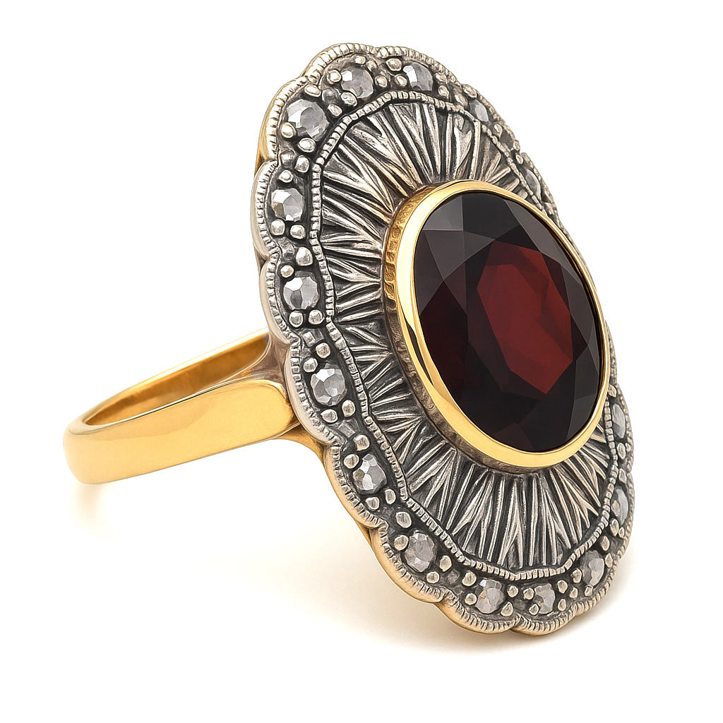 Anello in Oro giallo 18 carati e Argento 800 con Granato e Diamanti