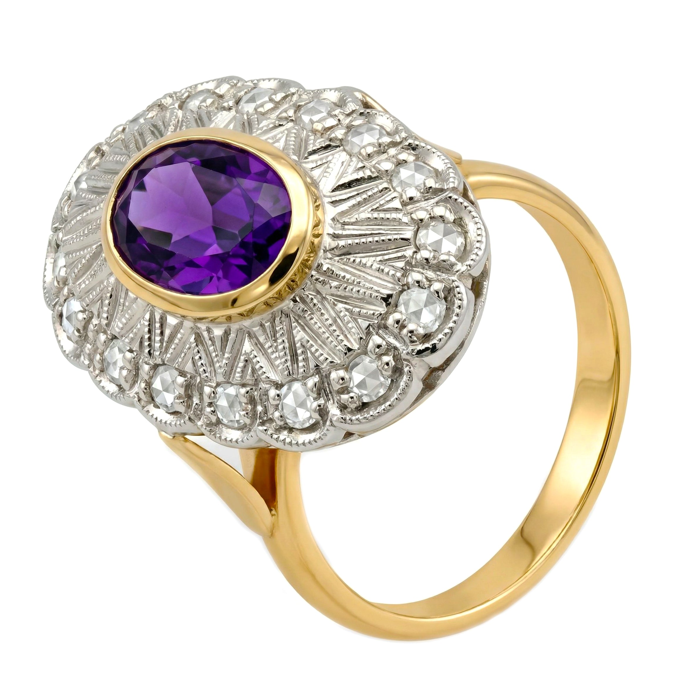 14 carati  Oro giallo, Argento 925 - Anello - Ametista - Diamanti