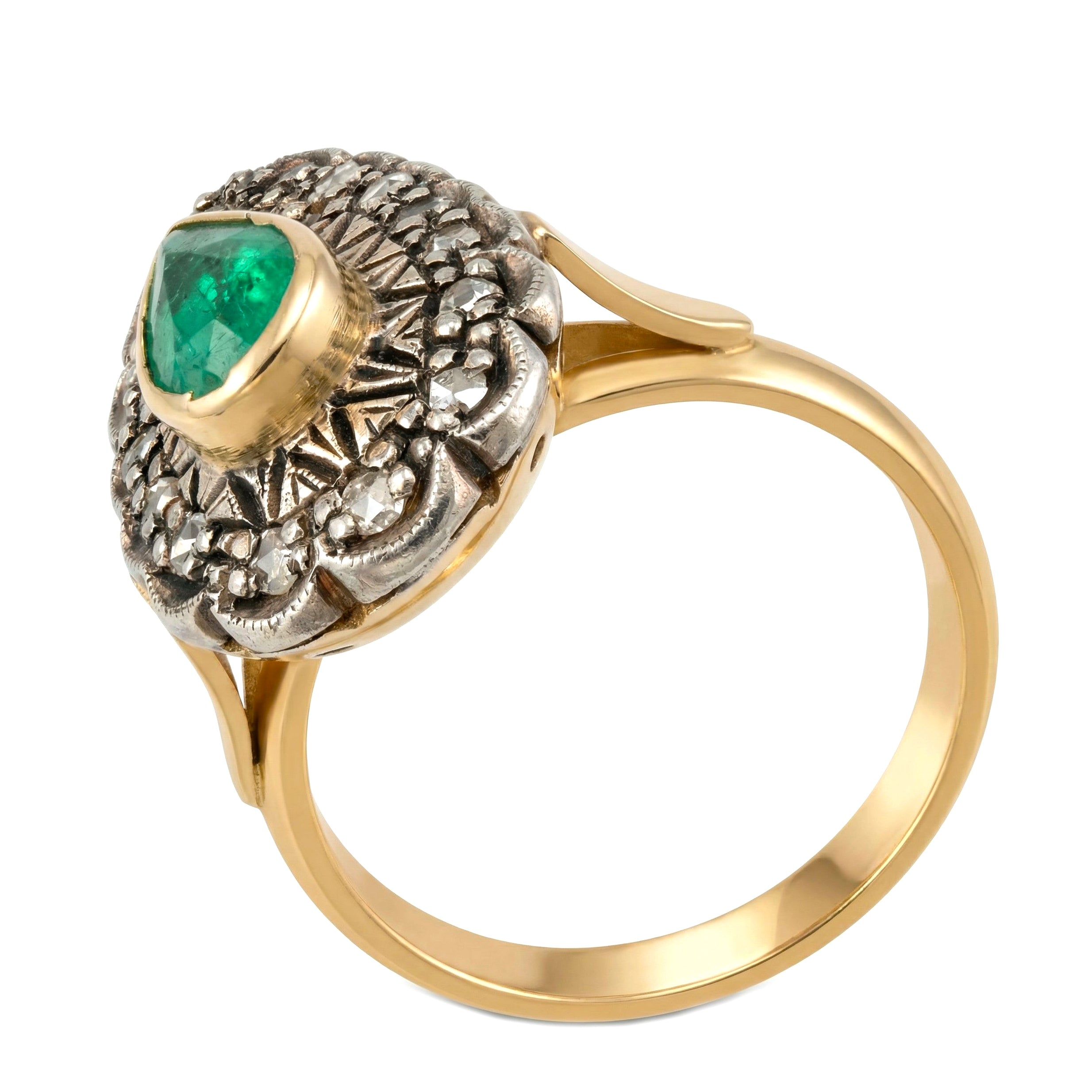 14 carati  Oro giallo, Argento 925- Anello - 1.10 ct Smeraldo - Ct 0.55 Diamanti