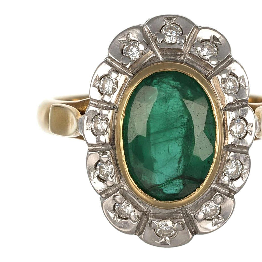 Anello in Oro giallo 14 carati e Argento 800 - Smeraldo  Diamanti